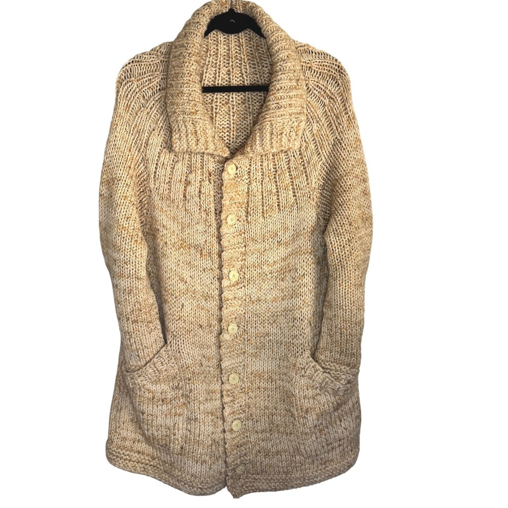 VTG Womens Hand Knit Fisherman Chunky Knit Cardigan Sweater M Shawl Collar Cozy